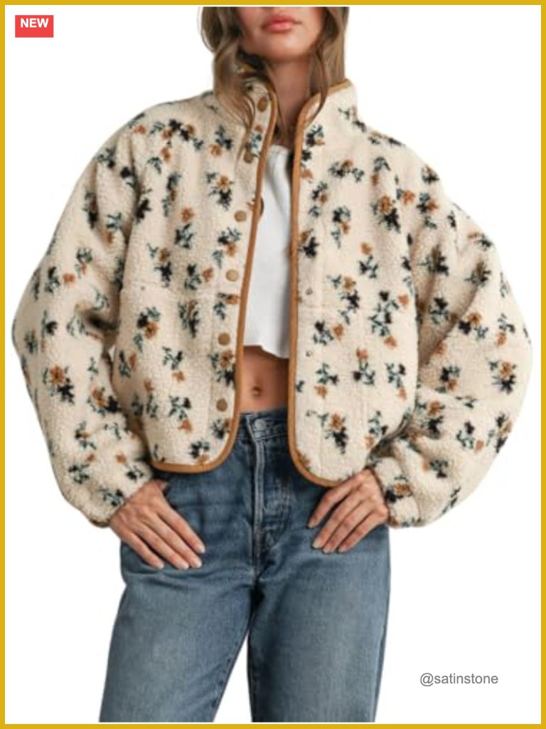 Womens Florals Print Fuzzy Faux Fur Teddy Jacket Snap Button Winter Coat